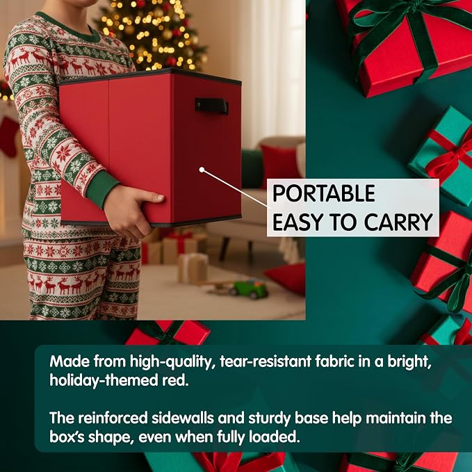 Mobi Lock Christmas Ornament Storage Box with Dividers - Holiday Ornament Organizer Bag - Holds 64 Balls - Durable Red Fabric Container, No Tray - Foldable Xmas Decorations Storage