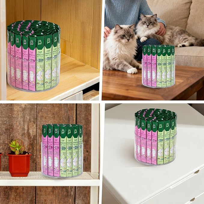 Lickable Cat Treats Organizer, Lazy Susan Acrylic Squeeze Up Cat Treats Storage Organizer with 4 Compartments, Wet Cat Treats Storage for Kitchen Cabinet Pantry Shelf Countertop