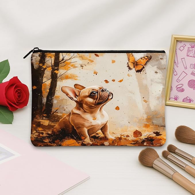 Fall French Bulldog Dog Makeup Bag, Funny Autumn Forest Printed Cosmetic Travel Pouch for Women Girls, Pet Portable Small Canvas Zipper Organizer 7x9 Inch