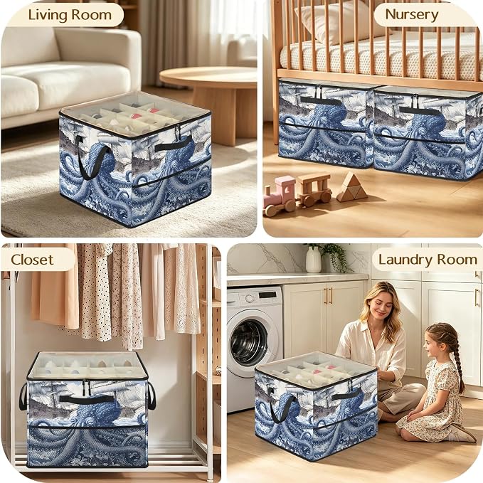 TropicalLife Octopus Nautical Kraken Ocean Shoe Organizer for Closet | Foldable Shoe Storage Box Bin 16-32 Pair Shoe Storage for Sneakers, Boots & Heels with Adjustable Dividers, Clear Cover