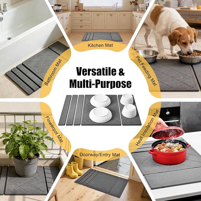 3-in-1 Collapsible Stone Dish Drying Mat for Kitchen Counter 24‘"x16" | Foldable Water Absorbing Diatomaceous Earth Drying Organizer Pad for Plate Rack Bottles Utensils (Gray - Diagonal grid)