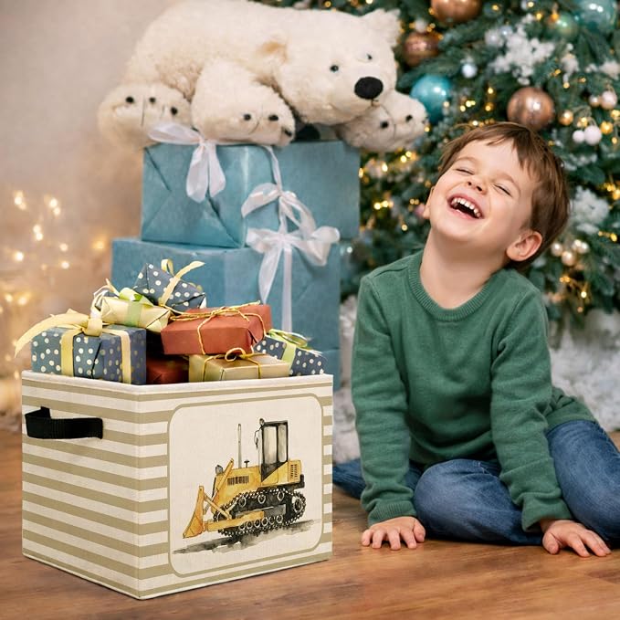 Bulldozer Storage Bin, Construction Truck Beige Stripe Fabric Basket | Foldable construction truck fabric organizer for nursery, bedroom, playroom, toys, books, and clothes