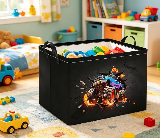 Rectangular Kids Basket Baby Girl Basket Fabric Storage Bin Organizer Box Room Decor(Blasting Truck)