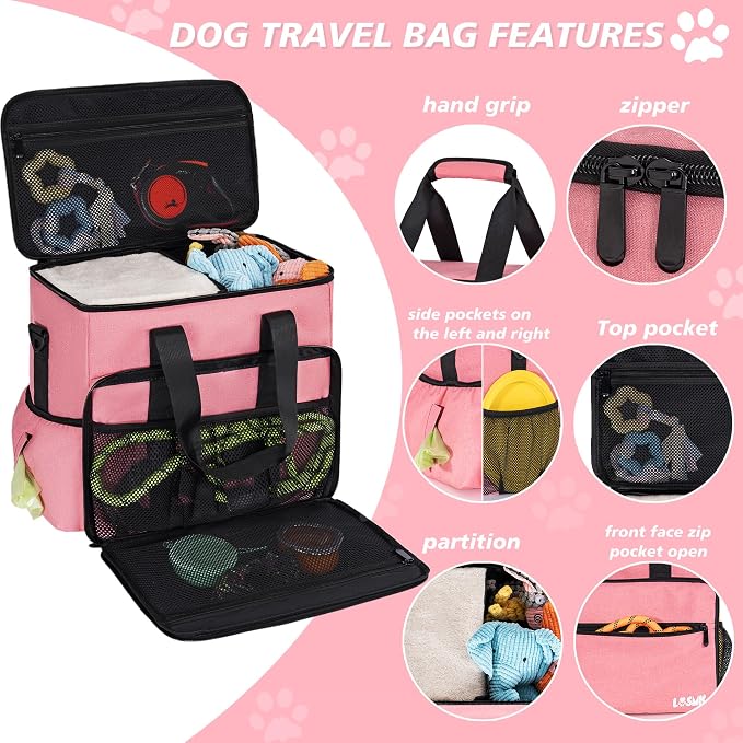 Dog Travel Bag, Large Pet Travel Set with Multi-Function Pockets | 2 Food Storage Containers, 2 Collapsible Bowls, 1 Feeding Mat for Pet Supplies, Road Trip Essentials, Weekend Camping, Pink