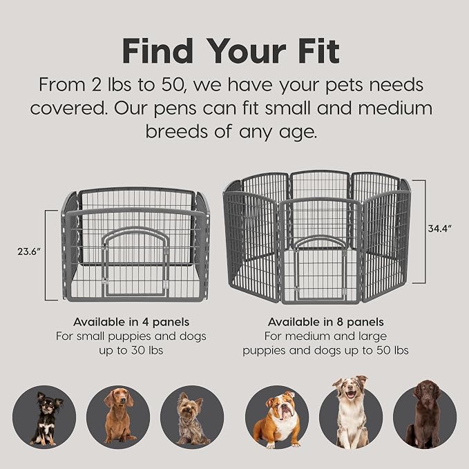 IRIS USA 4-Panel Dog Playpen, Pet Enclosure, Gray | Puppy Training, Custom Pen Configuration, Multi-Shape Setup, Flexible Boundary, Secure Door Latch, Stable Non-Tip Base