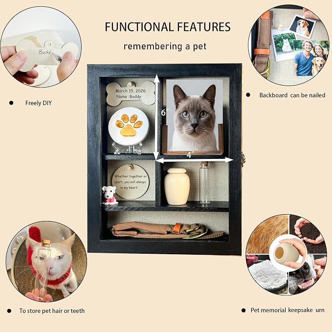 Solid Wood 11x14 Pet Memorial Shadow Box Frame with Adjustable Shelves Paw Print Kit Pet Urn Ashes Display Case Black Dog Memorial Gifts for Loss of Dog