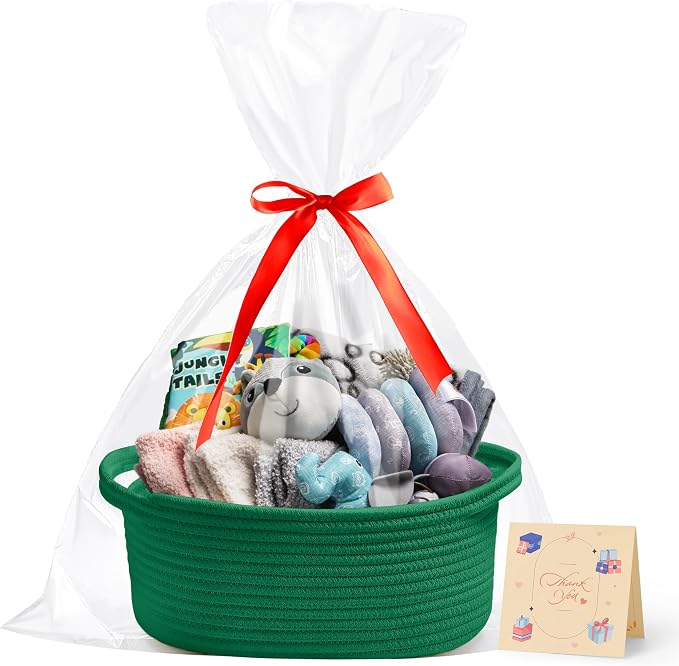 Bufims Small Woven Green Gifts Basket for Storage Empty with Ribbons and Bags Durable Cute Gifts 12"X 8" X 5" Small Rope Basket for Gifting