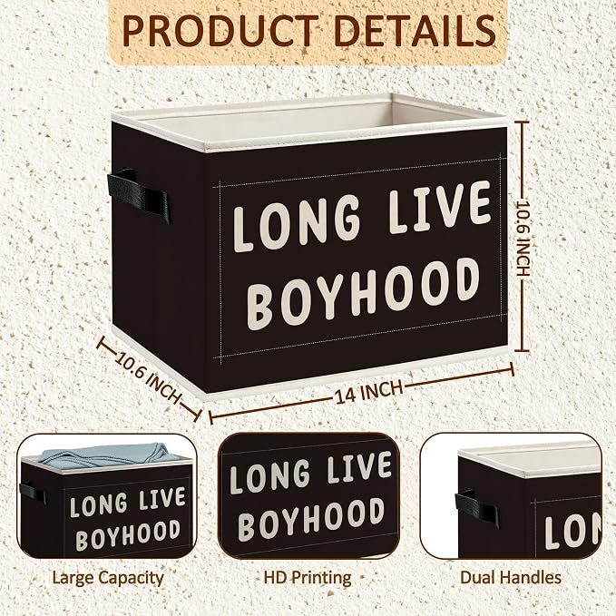 Boy Nursery Foldable Storage Bins Box with Handles, Black Minimalist Long Live Boyhood Decorative Storage Boxes Baskets Toybox Organizer for Kids Boy Nursery Toddler Room Bedroom Playroom