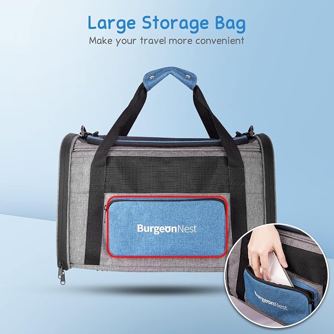 BurgeonNest Pet Carrier for Large Cats up to 25 lbs with Unique Side Bag | Soft-Sided Top Load Pet Crate for Big Cats Small Dogs, Stable Steel Frame with 4 Ventilated Windows, Car Travel, Large Blue