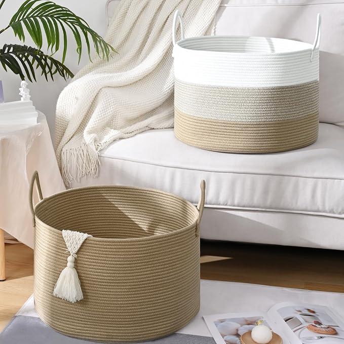 67L Large Woven Blanket Basket, Cotton Rope Baby Laundry Hamper with Handles, Kids Toy Basket for Classroom & Nursery, Soft Round Stuffed Animal Storage, Dog Toy Bin - 20"x13", Gradient Brown