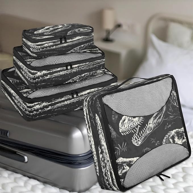 Dinosaur Skull Packing Cubes for Travel, Luggage Packing Organizers, Cool Dinosaur Travel Accessories Large Toiletries Bag for Clothes Shoes Cosmetics Toiletries