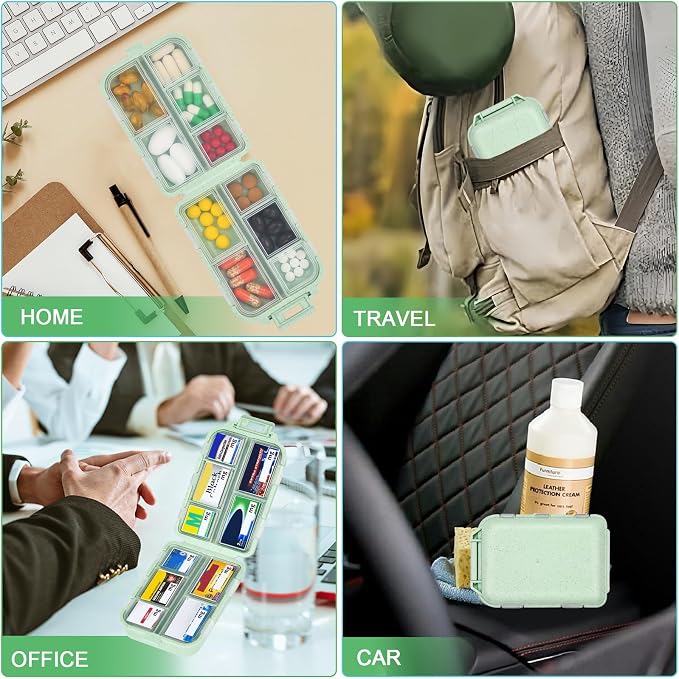 Green Foldable Pill Organizer with 189 Labels - Travel Medicine Kit (1 Pack)