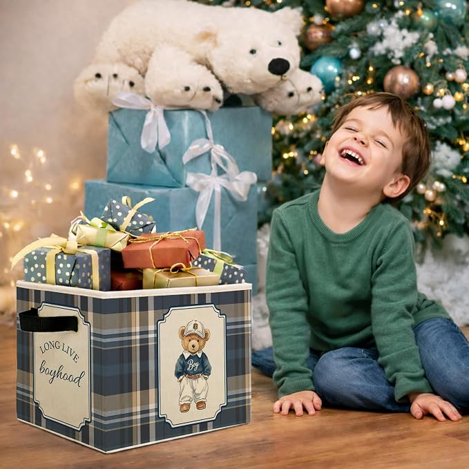 Boyhood Bear Storage Bin, Blue Plaid Foldable Fabric Basket | Foldable blue plaid fabric organizer with Long Live Boyhood bear design for nursery, bedroom, playroom, toys, books, clothes