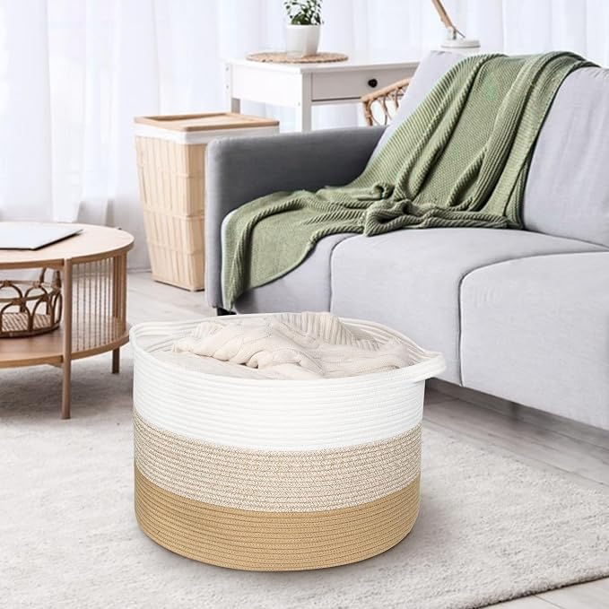 MEGASKET Extra Large Storage Basket, 22” X 22” X 14” Blanket Basket Living Room, Kids Toy Box Organizer, Woven Cotton Rope Baskets for Storage, Soft Dog Toy Bin, Wicker Pillow Blanket Holder