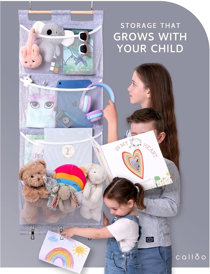 Over the Door Stuffed Animal Storage for Kids – Felt Organizer with Clips to Display Art and Mesh Pockets for Stuffies, Books and More – Space-Saving Hanging Design that Grows with your Child