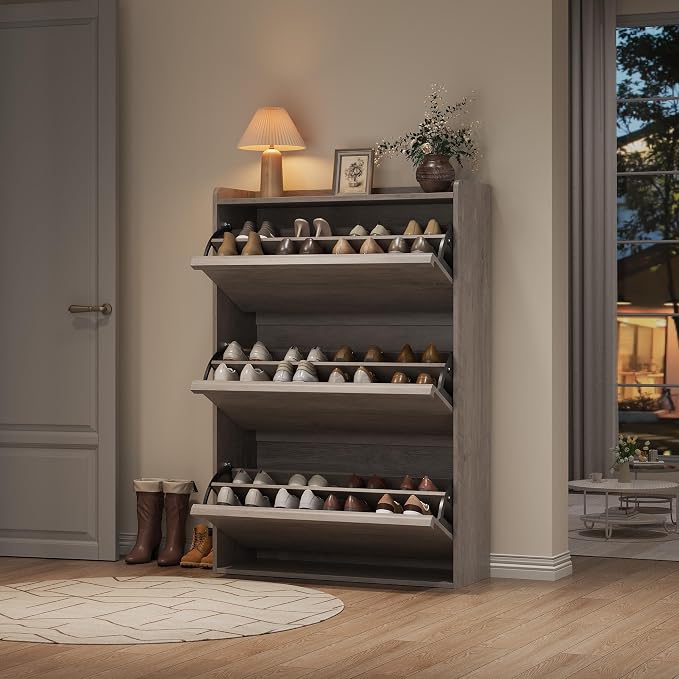 GarveeHome Shoe Cabinet with 3 Flip Drawers, Wooden Shoe Organizer Cabinet with Adjustable Shelf, Shoe Storage for Entryway, Hidden Shoe Cabinet for Hallway, Living Room, Grey