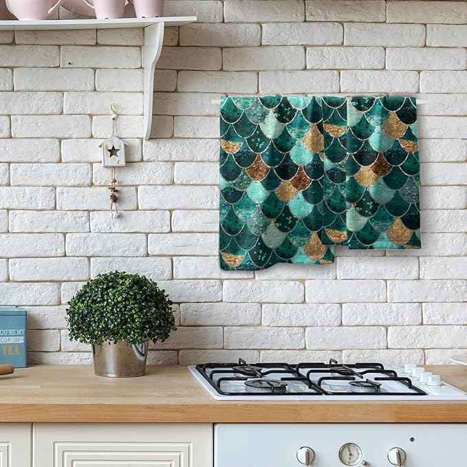 Giwawa Mermaid Hand Towels Set of 2, Teal Golden Fish Scale Turquoise Larger Towel, Summer Aqua Gold Brown Bath Tea Bar Fast Drying for Home Bathroom Kitchen Hotel Spa Decor Green Gold Mermaid