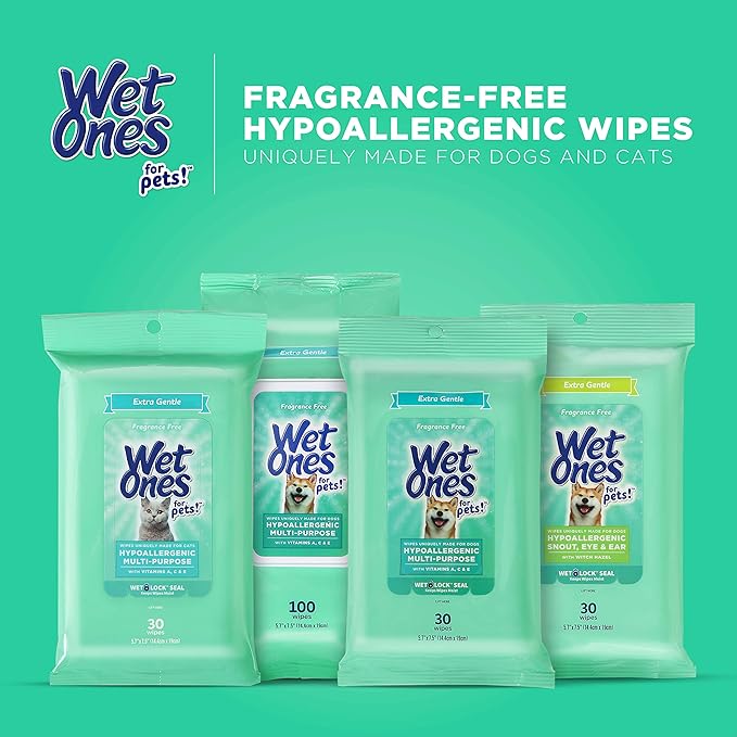 Wet Ones for Pets Hypoallergenic Multipurpose Dog Wipes with Vitamins A, C and E - Fragrance-Free Dog Grooming Wipes with Vitamins, Wet Lock Seal, 100 Count
