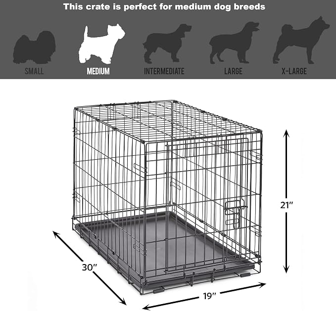 New World by Midwest 30-Inch Single Door Crate, Medium Breeds, 21-40 lbs | Folding Dog Crate, Leak-Proof Tray & Secure Latch, Portable, Durable & Easy to Assemble