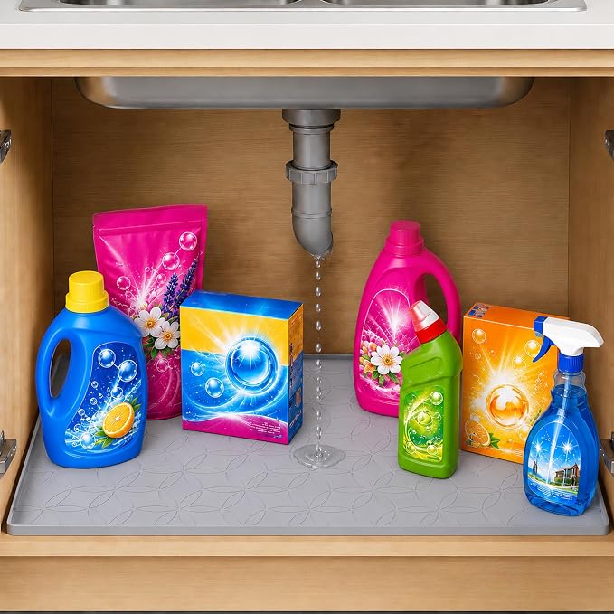 34"x22" Silicone Under Sink Mat Waterproof Cabinet Liner(Gray) | Leak-Proof Silicone Cabinet Protector with Raised Edges, Keeps Kitchen & Bathroom Cabinets Safe from Water Damage