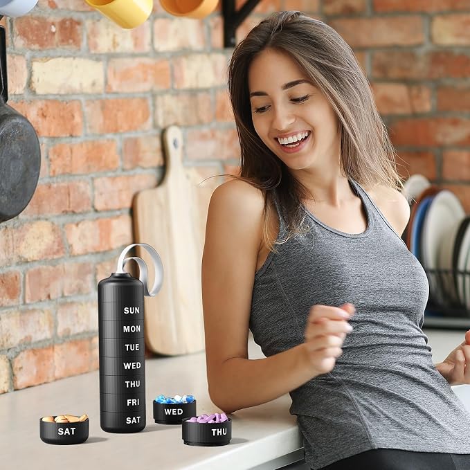 Betife Travel Pill Organizer, 7 Day Stackable Weekly Pill Case - Black | Daily Pill Container with 7 Large Stackable Compartments, Sturdy ABS Snap-lock, No Metal-on-Metal Friction, Portable Pill Box