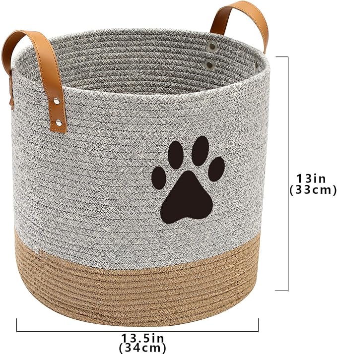 Cotton dog toy basket storage, puppy toy basket, puppy bins, laundry basket blanket storage bin - Perfect for organizing pet toys, blankets, leashes, pee mats and diapers - Graykhaki