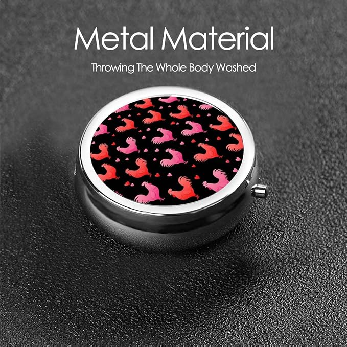 Travel Medicine Box, Rooster Chicken Bird Love Heart Floral Pink Black Round Small Organizer, Metal Pill Case for Fish Oil, Portable Dispenser Purse Pocket for Commuters