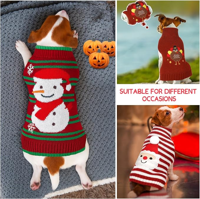 Sanwuta 3 Pcs Thanksgiving Christmas Dog Sweaters Sets, Medium | Turkey,Santa,Snowman Festive Design, Soft Smooth Knit Turtleneck, Warm Holiday Costume for Small Dog and Cat, Party Photoprop