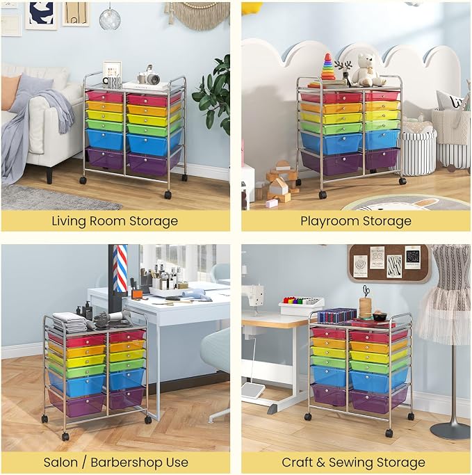 12 Drawer Rolling Storage Cart, Art Cart Organizer on Wheels, Mobile Utility Cart with Drawers, Multipurpose Craft Drawers for Home Office School Classroom (Rainbow)