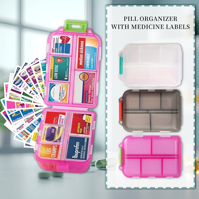 3 Pack Large Pill Organizers with Medicine Labels, Pink White Grey | Set of 3 large pill cases with 3x161 medicine labels for 7-day planning, family use, travel, and separate routines