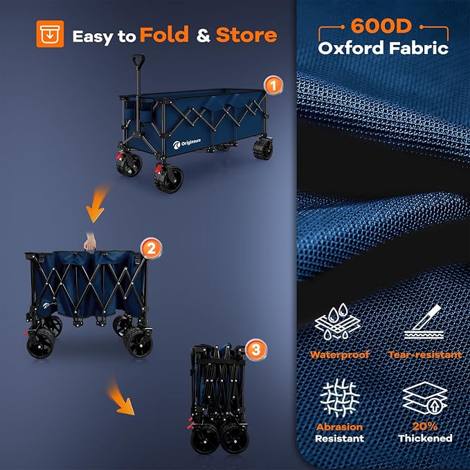 Originsure 300L Beach Wagons Carts Foldable with Big Wheels, 560lbs, Blue | 48" Folding Utility Wagon,7" All-Terrain Wheels,Heavy Duty Frame,Compact&Space-Saving,for Camping,Sports,Grocery,Garden