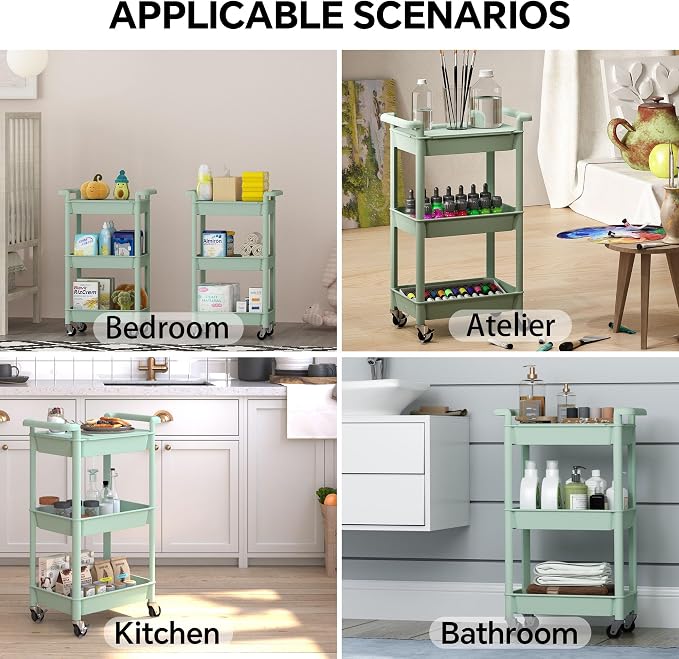 Steehoom 3-Tier Utility Rolling Cart with Cover Top Board, Mobile Utility Cart with Lockable Casters Multi-Functional Storage Trolley for Office, Bathroom, Kitchen, Garden, Laundry Room (Green)
