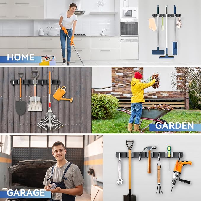 ZONGOOL 2 Pack Mop Broom Holder Wall Mount 3 Racks 4 Hooks Storage Black | 304 Rustproof Stainless Steel Broom Hanger, Non-Slip Wall Mount Organizer, Space Saving For Kitchen, Laundry, Garden