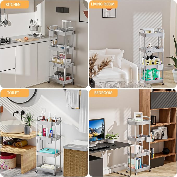 4 Tier Rolling Utility Cart with Handle,REBECAT Utility Cart Made of Multifunctional Storage Organizer Tool for Kitchen,Bathroom,Living Room,Office(Gray)