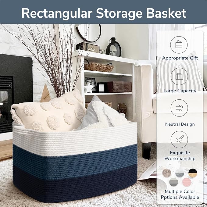 Goodpick Large Woven Rope Blanket Basket, Rectangle, Light Blue | 21.6'' x 14.9'' x 11.8'' Storage Basket for Toys, Books & Blankets, Bedroom & Nursery Organization, Reinforced Handles