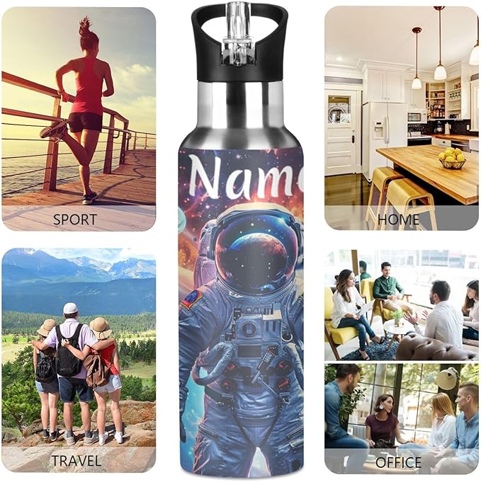 Custom Name Astronaut Planets Galaxy Space Water Bottle with Straw Lid Kids Insulated Stainless Steel Water Flask Sports, 20 Oz Hot Cold