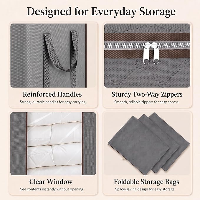 Comforter Storage Bags 120L for Blanket Clothes Bedding Sheet 2 Pack Grey | Breathable Fabric, Reinforced Handles, for King Comforters Bedding Pillows and Sheets, Closet and Bedroom Storage