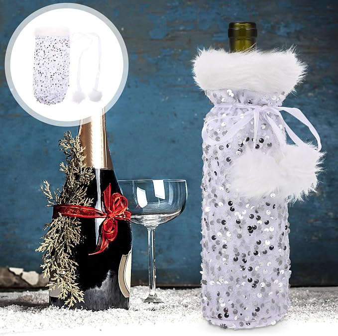 DECHOUS Wine Pouch Bottle Silver Cover Christmas Plush with Bag Pet Material, Decorative Drawstring Wine Bottle Storage for Holiday Party and Coffee Shop Use