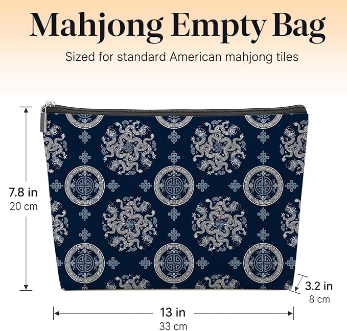 Navy Blue Chinoiserie Empty Mahjong Tile Bag 13x7.8 Inch | Traditional Dragon Portable Travel Case Organizer Zipper Pouch for American Mahjong Tiles Game Night Accessories and Gifts