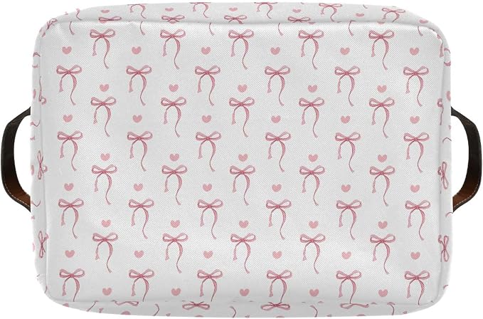 Wamika Pink Ribbon Bow Storage Basket with Waterproof Liner and PU Handles White Bow Tie Cute Storage Bins Boxes 14.2" Collapsible Decorative Organizer Baskets for Bedroom Closet Office 1 Pack