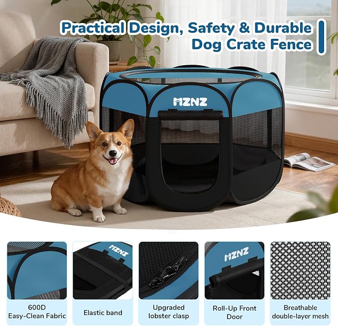 Dog Cat Small Animal Puppy Playpen Crate, Medium, Blue Black | Portable Pop Up Pet Cage Enclosure Tent Kennel Indoor Outdoor with Carrying Case, No Assembly, Camping Use