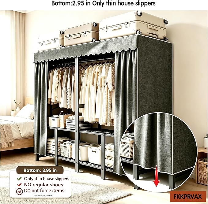 59in Heavy Duty Portable Closet with Dark Gray Cover | Foldable Covered Clothes Rack for Hanging Armoire Wardrobe Closet System Freestanding Coat Storage Garment Racks
