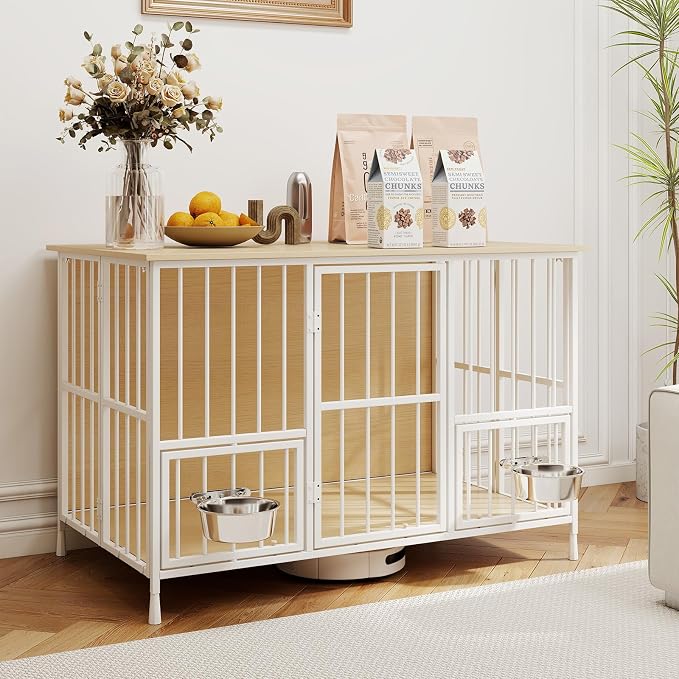 Hadulcet 41'' Foldable Dog Crate Furniture, Large Dog Kennel with 2 Bowls | Wooden Crate Table with Storage Top, Furniture Style Indoor Kennel for Small to Large Dogs with Rotating Food Door, Oak