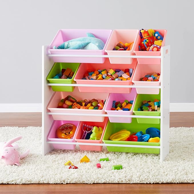 Amazon Basics Kids Toy Storage Organizer with 12 Plastic Bins, White Wood with Pink Bins, for Bedroom and Playroom, 33.85"D x 12.79"W x 35.42"H