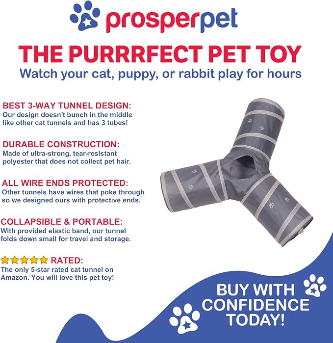 Cat Tunnel - Collapsible 3 Way Play Toy - Tube Fun for Rabbits, Kittens, and Dogs - Grey