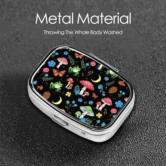 Portable Pill Organizer Compact Moisture-Proof Case Daily Vitamin Box for Men Women Travel Pocket Purse, Moon Frogs Trippy Mushroom Leaves