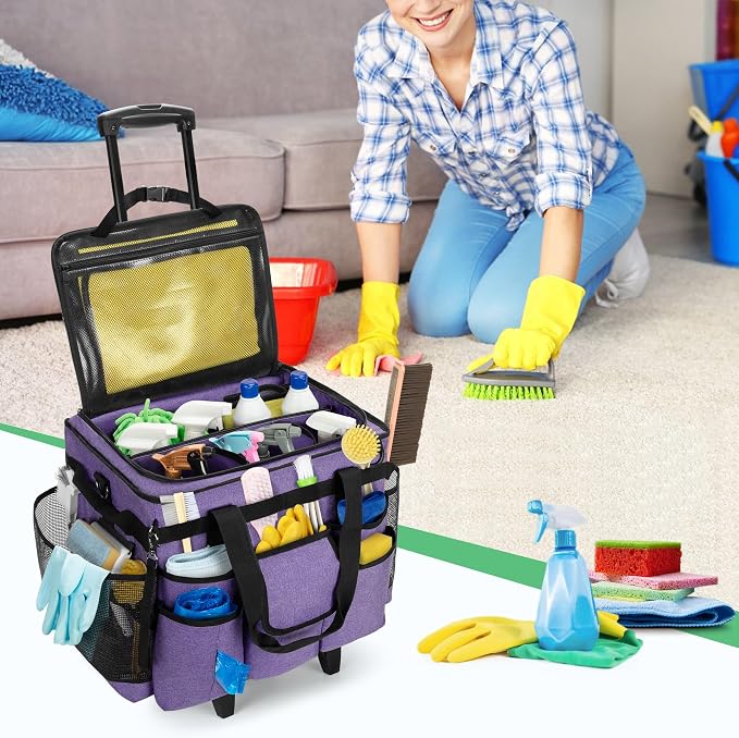LoDrid Rolling Cleaning Caddy with Lid and Detachable Trolley, Purple | Cleaning Supplies Organizer, Cleaning Caddy Cart on Wheels with Handle and Shoulder Strap for Housekeepers