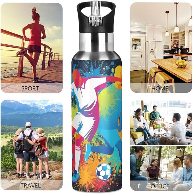 Soccer Ball Player Water Bottle with Straw Lid Kids Insulated Stainless Steel Water Flask Sports, 20 Oz Hot Cold