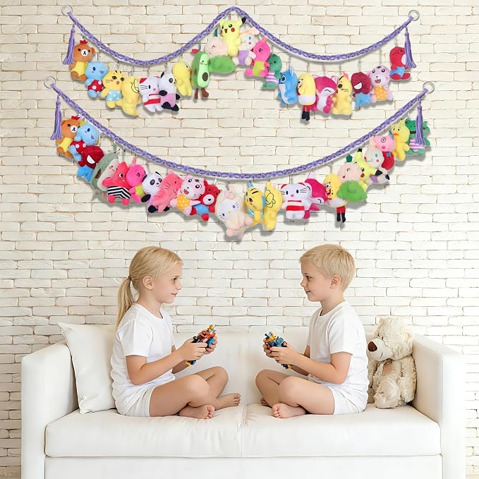 2PCS Stuffed Animals Storage Chain Organizers 80" Cotton Hanging Storage Chain with 2x 10 Led Light 40 Metal Clips Stuffed Animal Display Holder Chain for Nursery Play Room (Purple)