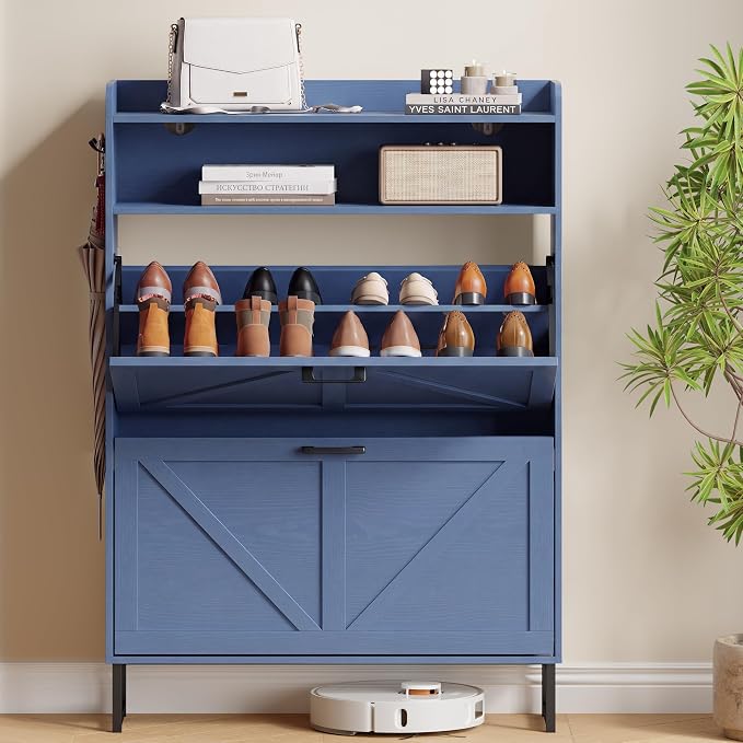 Xixini Shoe Storage Cabinet with 2 Flip Drawers, Entryway Shoe Rack, Blue | Freestanding Narrow Shoe Storage, Hidden Slim Wood Shoe Organizer, Modern Farmhouse, Open Storage & Hooks for Closet, Hallway